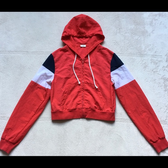 John Galt BRANDY MELVILLE Nylon Hoodie, Red, White - Picture 2 of 8